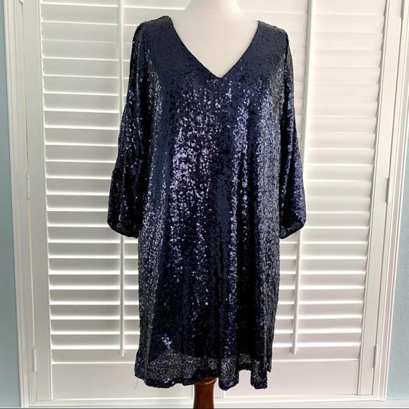 Lulu’s Navy Sequin Split Sleeve Dress - Picture 5 of 15
